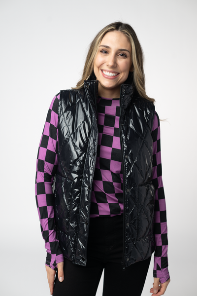 IN STOCK Remy Zip Up Vest - Shiny Black - Pumpkin Patch Co