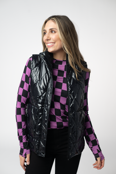 IN STOCK Remy Zip Up Vest - Shiny Black - Pumpkin Patch Co
