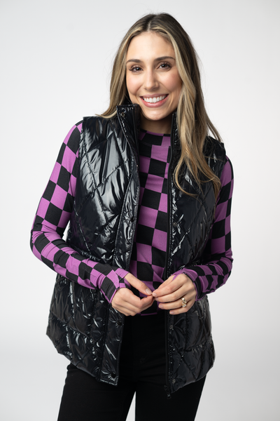 IN STOCK Remy Zip Up Vest - Shiny Black - Pumpkin Patch Co