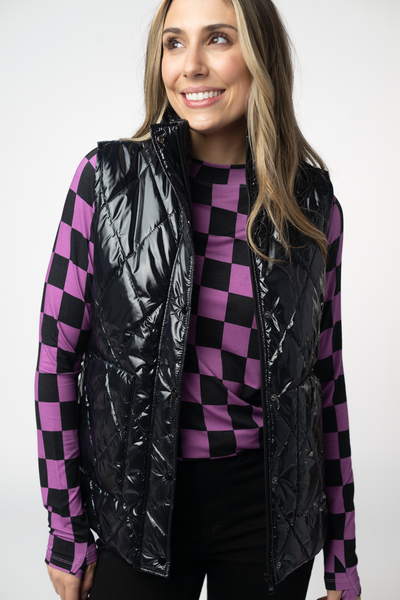 IN STOCK Remy Zip Up Vest - Shiny Black - Pumpkin Patch Co