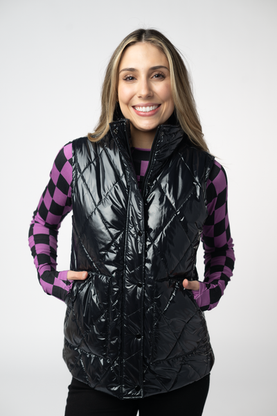 IN STOCK Remy Zip Up Vest - Shiny Black - Pumpkin Patch Co