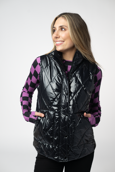 IN STOCK Remy Zip Up Vest - Shiny Black - Pumpkin Patch Co