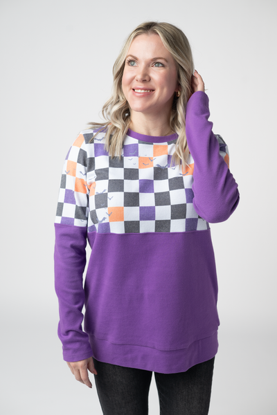 IN STOCK Natalie Pullover - Checkered Bats and Purple
