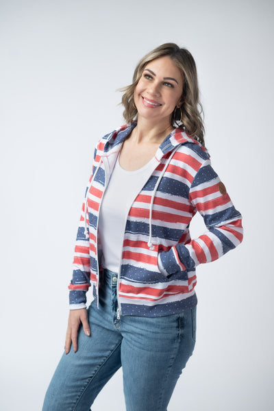 IN STOCK Fullzip Hoodie - Striped Red, White, and Micro Blue Stars - Pumpkin Patch Co