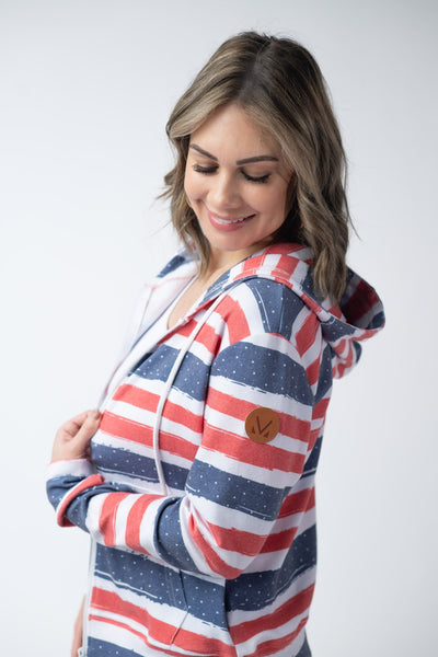 IN STOCK Fullzip Hoodie - Striped Red, White, and Micro Blue Stars - Pumpkin Patch Co