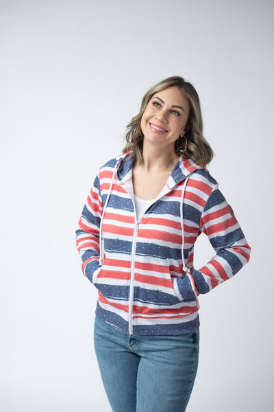 IN STOCK Fullzip Hoodie - Striped Red, White, and Micro Blue Stars - Pumpkin Patch Co