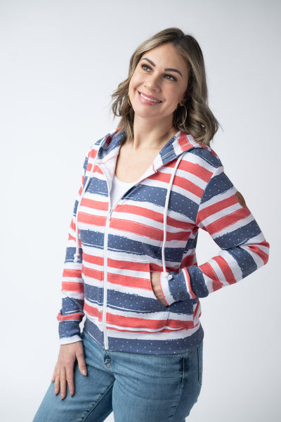 IN STOCK Fullzip Hoodie - Striped Red, White, and Micro Blue Stars - Pumpkin Patch Co