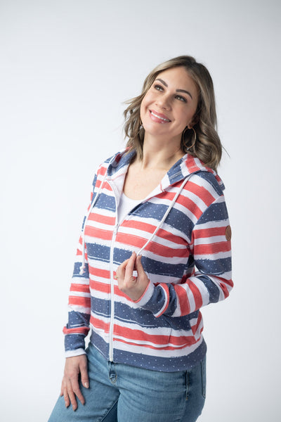 IN STOCK Fullzip Hoodie - Striped Red, White, and Micro Blue Stars - Pumpkin Patch Co