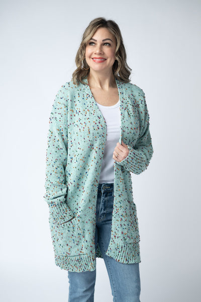 IN STOCK Carly Confetti Dot Cardigan - Aqua Blue - Pumpkin Patch Co