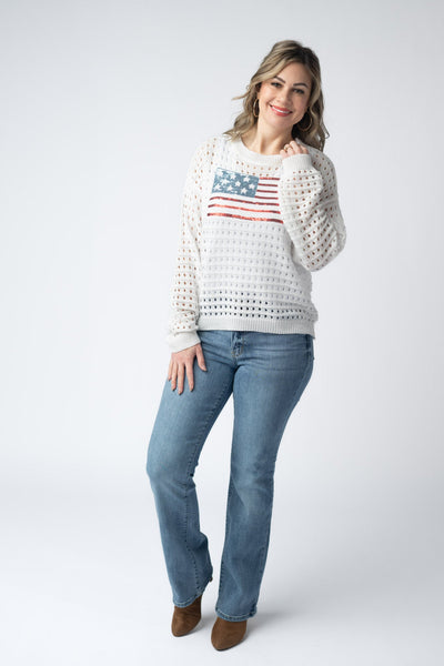 IN STOCK USA Sequin Flag Open Knit Pullover - Pumpkin Patch Co