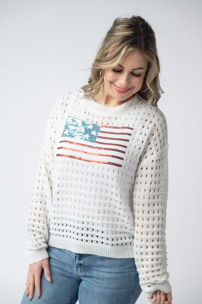 IN STOCK USA Sequin Flag Open Knit Pullover - Pumpkin Patch Co