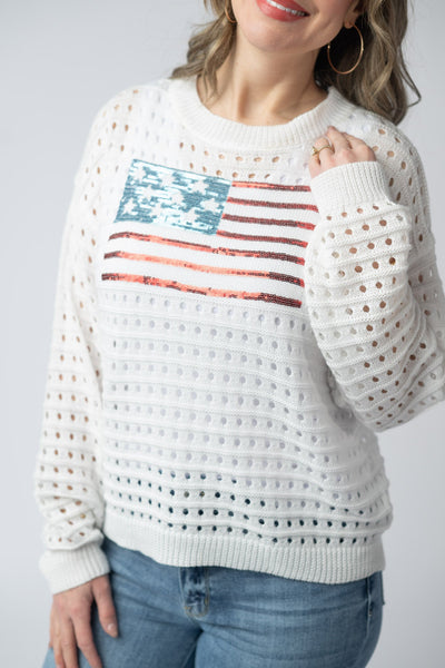 IN STOCK USA Sequin Flag Open Knit Pullover - Pumpkin Patch Co