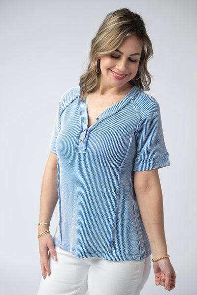 IN STOCK Juliette Button Top - Blue - Pumpkin Patch Co