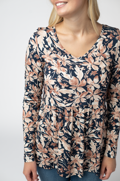 IN STOCK Long Sleeve Sarah Ruffle Top - Navy Autumn Petals