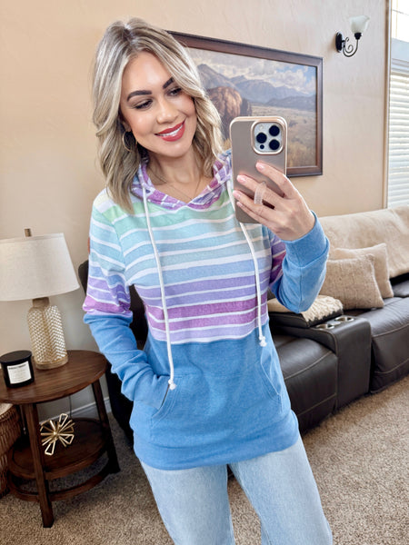 IN STOCK Hailey Pullover Hoodie - Rainbow Stripes and Blue - Pumpkin Patch Co