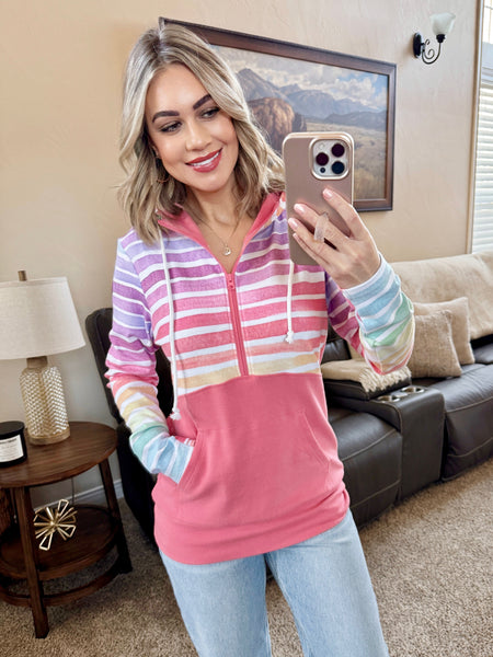 IN STOCK Classic Halfzip Hoodie - Rainbow Stripes and Sun Kissed Coral - Pumpkin Patch Co