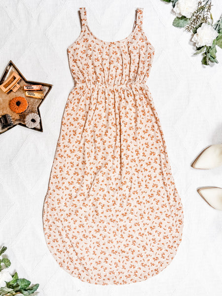 IN STOCK Reagan Ribbed Midi Dress - Sand and Rust Floral - Pumpkin Patch Co