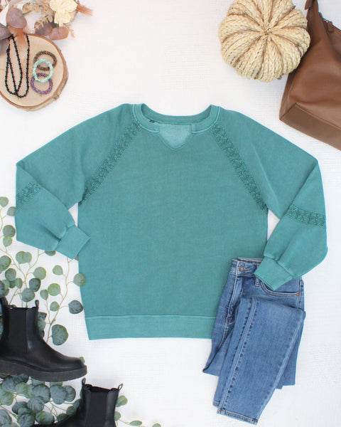 IN STOCK Lace Accent Vintage Wash Pullover - Teal