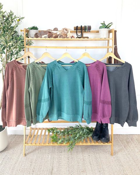 IN STOCK Lace Accent Vintage Wash Pullover - Brown