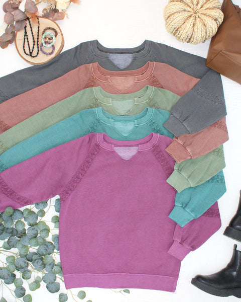 IN STOCK Lace Accent Vintage Wash Pullover - Black