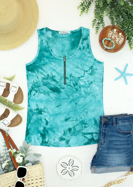 IN STOCK Mila Zipper Tank - Teal Tie Dye - Pumpkin Patch Co