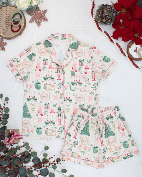 IN STOCK Brooke Top and Shorts Pajama Set - Pink Pine Noel