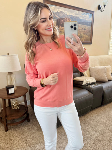 IN STOCK Corrine Ribbed Pullover Top - Coral - Pumpkin Patch Co