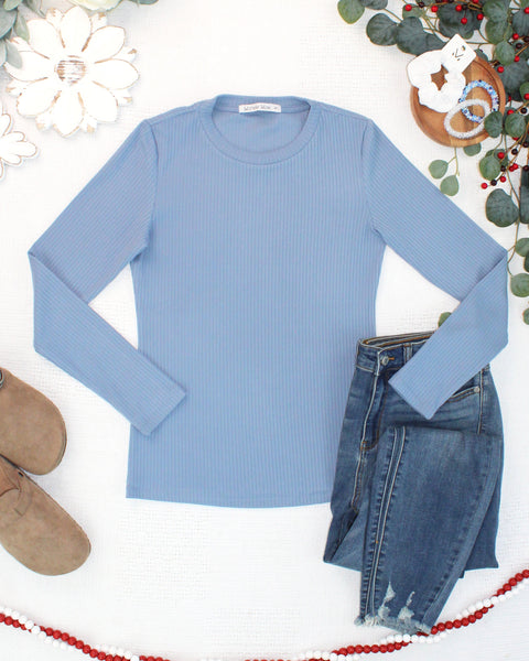 IN STOCK Reese Ribbed Long Sleeve Top - Dusty Blue