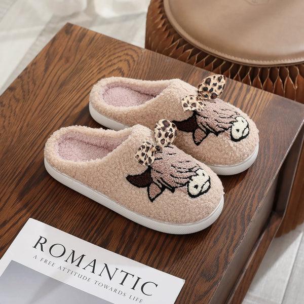 PREORDER: Highland cow with leopard bow slippers 8.24.26 OSYM - Pumpkin Patch Co