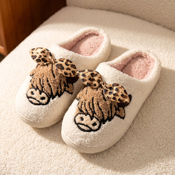 PREORDER: Highland cow with leopard bow slippers 8.24.26 OSYM - Pumpkin Patch Co