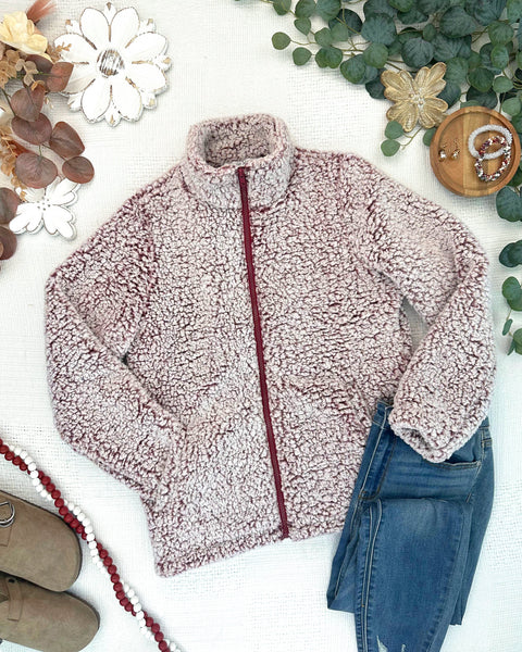 IN STOCK Two Tone Fullzip Sherpa - Cranberry and White