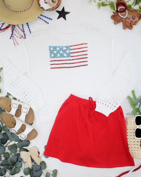 IN STOCK USA Sequin Flag Open Knit Pullover - Pumpkin Patch Co