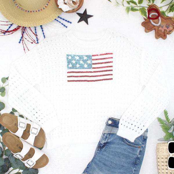 IN STOCK USA Sequin Flag Open Knit Pullover - Pumpkin Patch Co