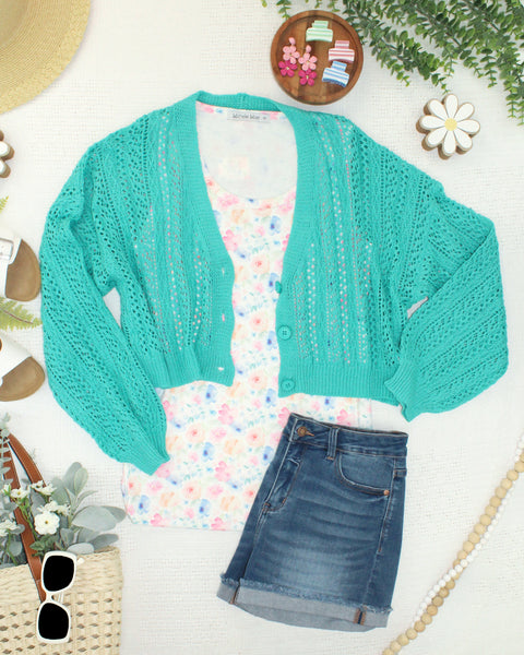 IN STOCK Callie Cropped Cardigan - Aqua - Pumpkin Patch Co