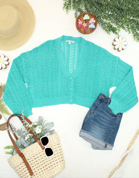 IN STOCK Callie Cropped Cardigan - Aqua - Pumpkin Patch Co
