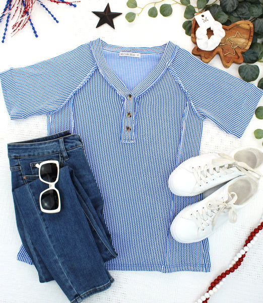 IN STOCK Juliette Button Top - Blue - Pumpkin Patch Co