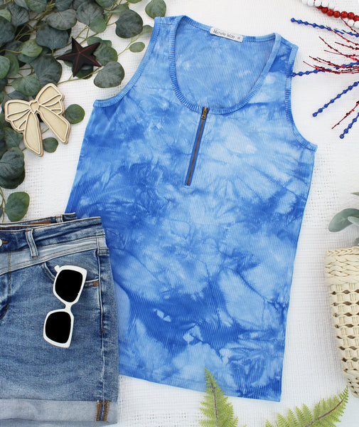 IN STOCK Mila Zipper Tank - Blue Tie Dye - Pumpkin Patch Co