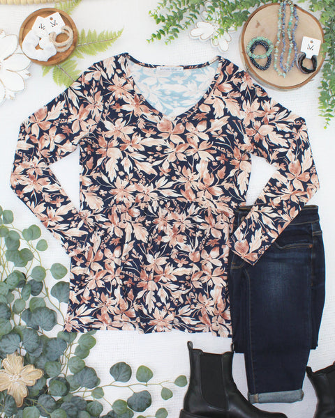 IN STOCK Long Sleeve Sarah Ruffle Top - Navy Autumn Petals