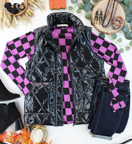 IN STOCK Remy Zip Up Vest - Shiny Black - Pumpkin Patch Co