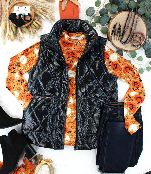 IN STOCK Remy Zip Up Vest - Shiny Black - Pumpkin Patch Co