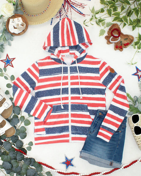IN STOCK Fullzip Hoodie - Striped Red, White, and Micro Blue Stars - Pumpkin Patch Co