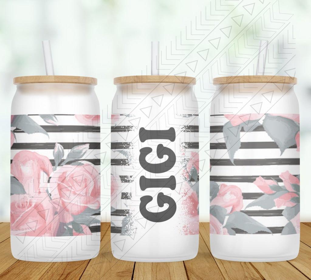 Stripes & Rose Personalized Glass Can